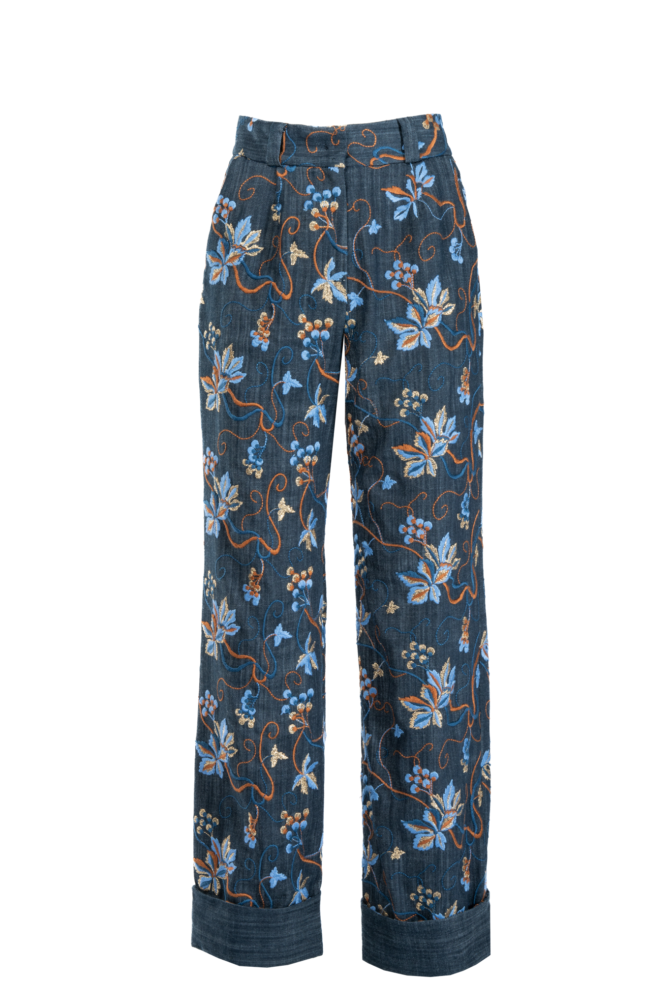 Weite Hose aus besticktem Denim mit breitem Aufschlag