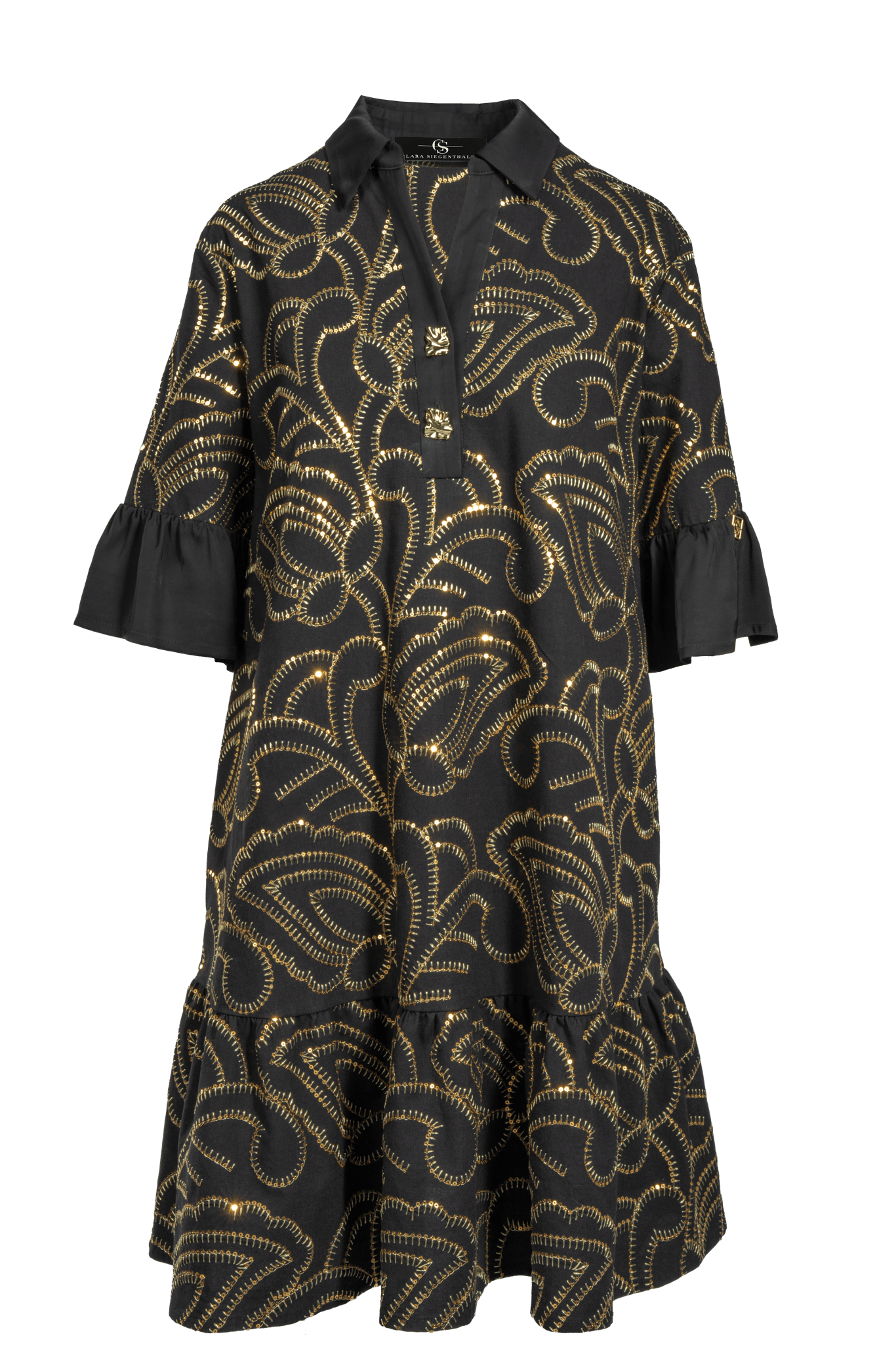 Kurzes schwingendes Kleid aus bestickter Baumwolle mit Goldknöpfen - Clara Siegenthaler GmbH