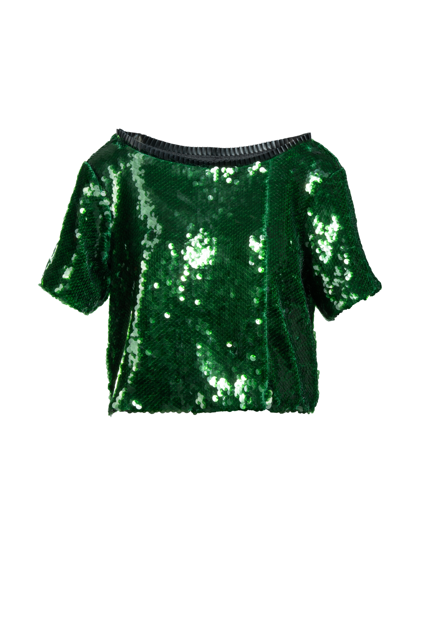 Pailletten Shirt gepatcht mit veganen Lederfalten