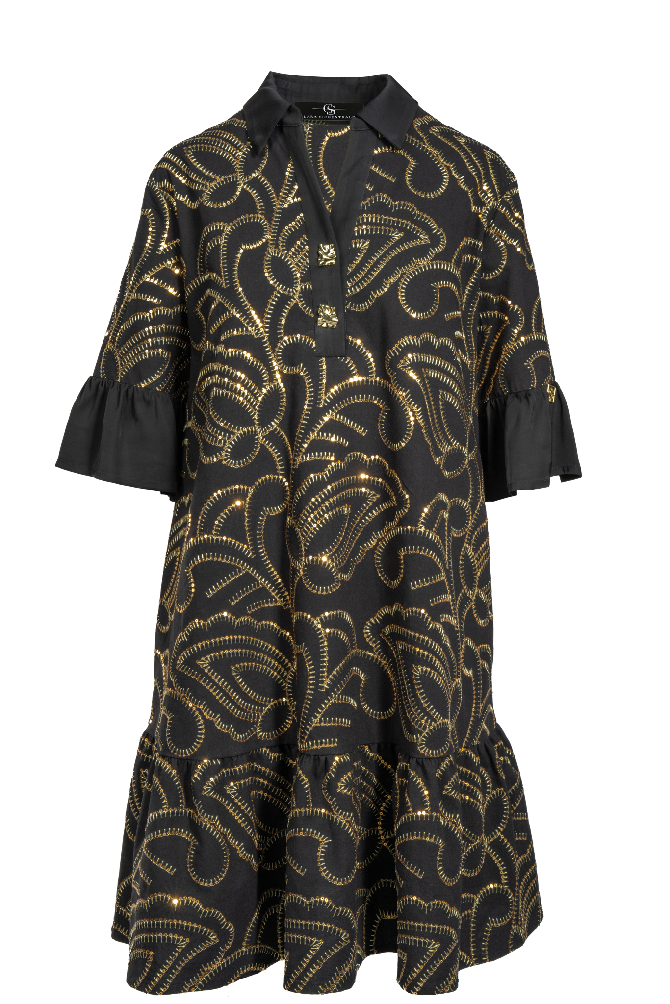 Kurzes schwingendes Kleid aus bestickter Baumwolle mit Goldknöpfen