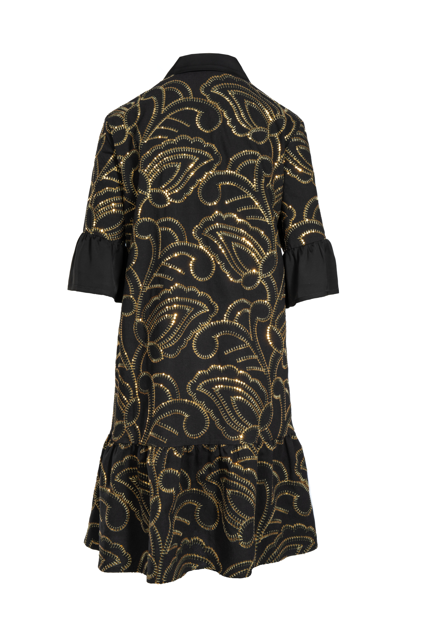 Kurzes schwingendes Kleid aus bestickter Baumwolle mit Goldknöpfen