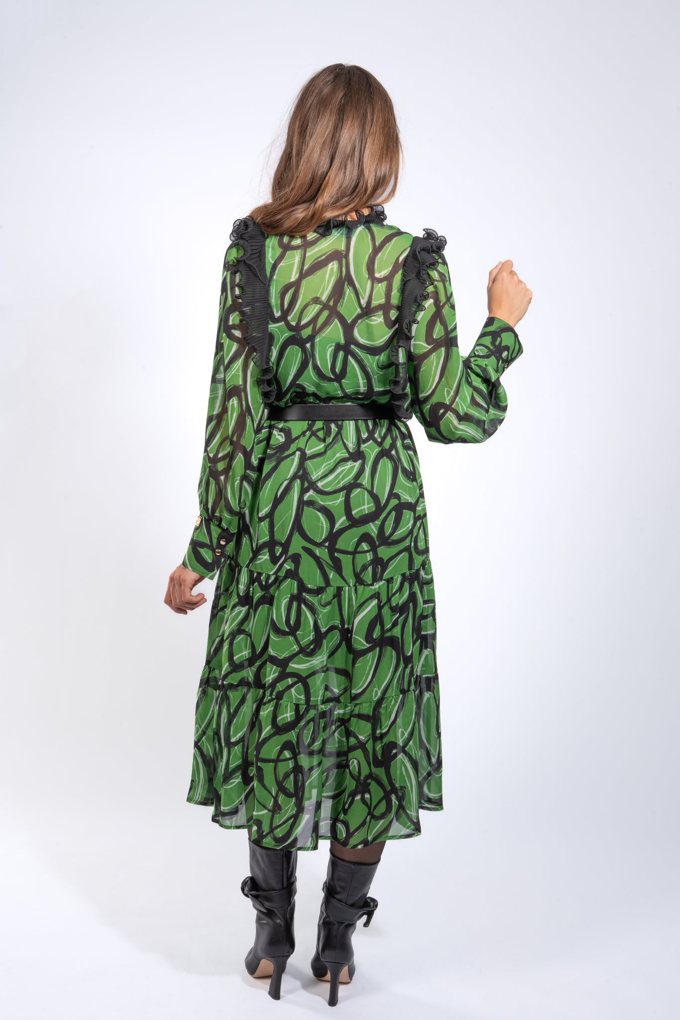 Midikleid aus Chiffon mit Plisseefalten in grafischem Print